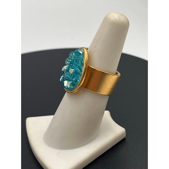 Liz Palacios Teardrop Blue AB Swarovski Crystal Gold Plated Wide Band Ring Sz 7 - Picture 7 of 8